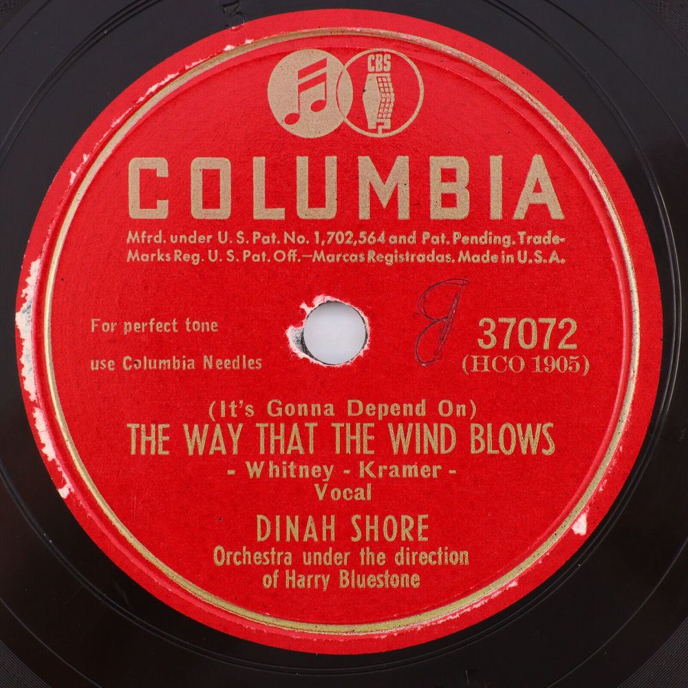 Dinah Shore, Way That The Wind Blows/You Keep Coming 1946 10" 78rpm Record 37072